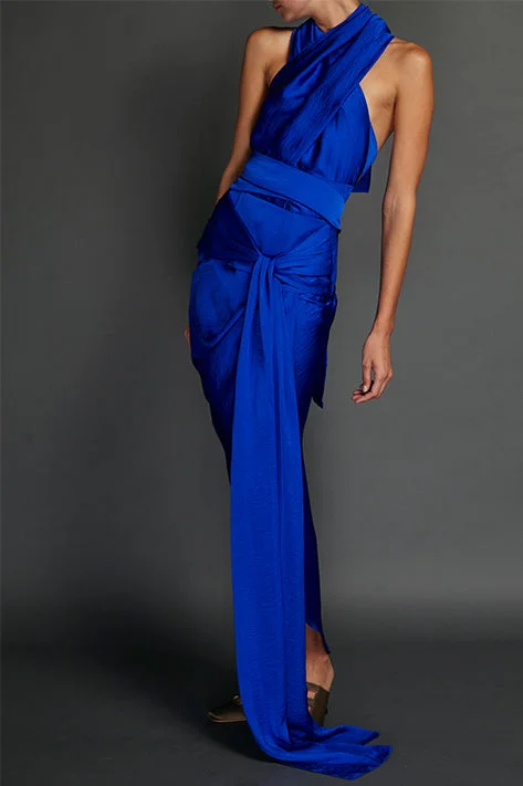 Blue Washed Satin Draped Halter Dress