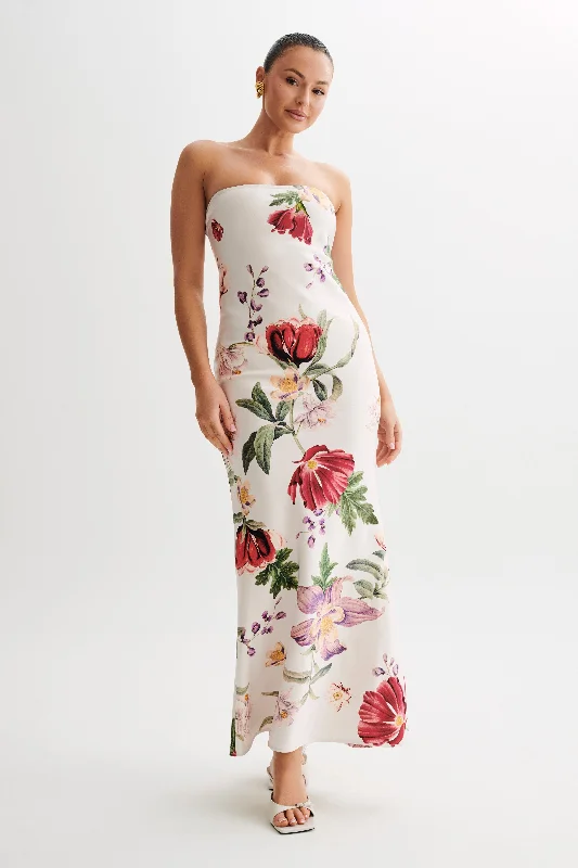 Claudette Strapless Satin Maxi Dress - Bella Rosa Print