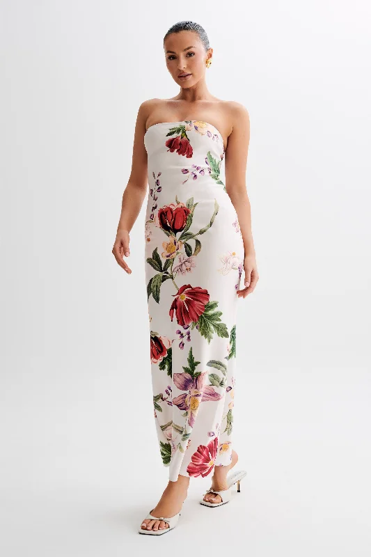 Claudette Strapless Satin Maxi Dress - Bella Rosa Print