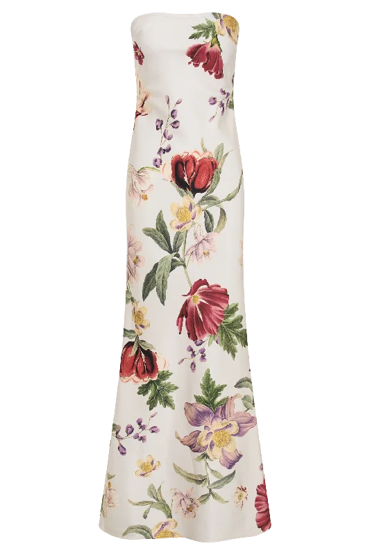 Claudette Strapless Satin Maxi Dress - Bella Rosa Print