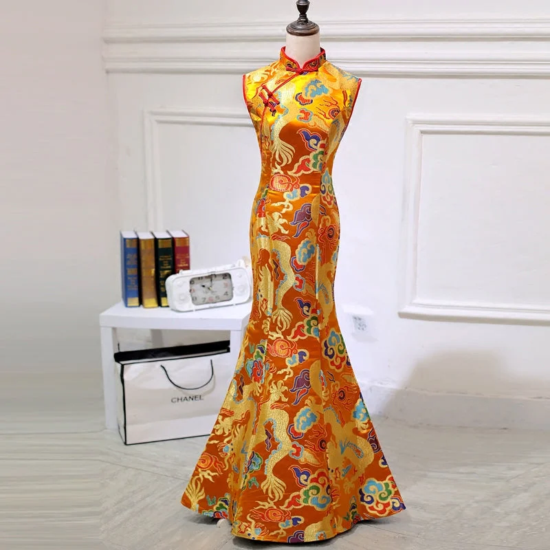 Dragon & Phoenix Pattern Brocade Mermaid Prom Dress Ceremonial Gown