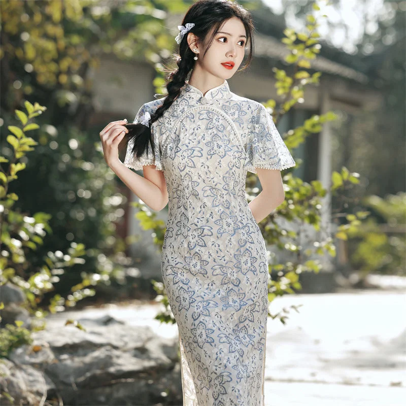 Elegant and Artistic Compound Lace Round Collar Cheongsam Dress with Ruffle Sleeve