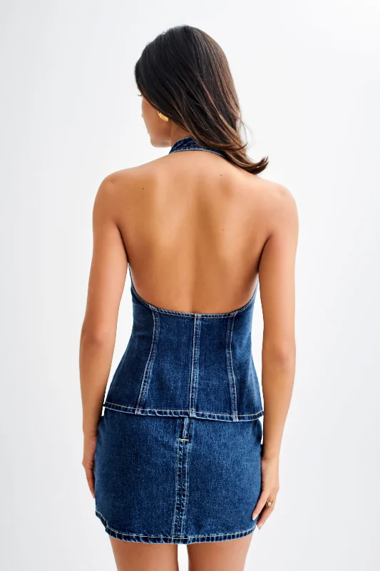 India Button Front Halter Denim Longline Top - Dark Blue