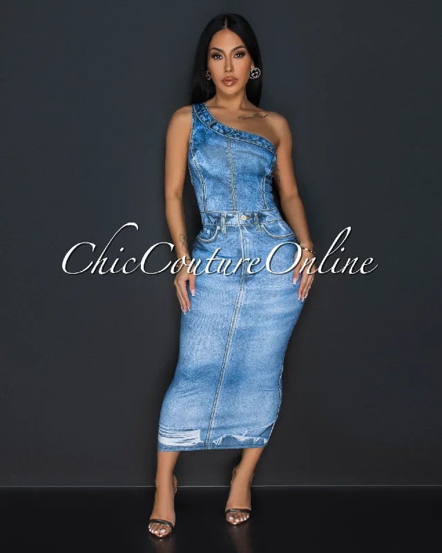 Jinelle Blue Denim Print Single Shoulder Midi Dress