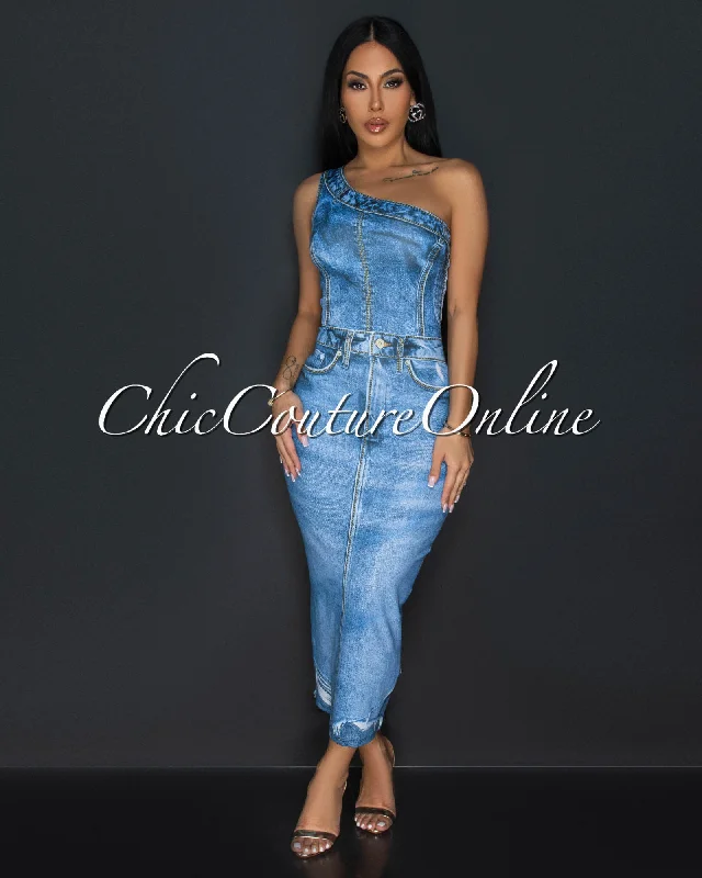 Jinelle Blue Denim Print Single Shoulder Midi Dress