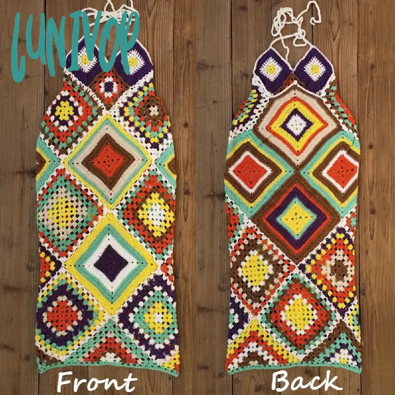 Lunivop  Handmade Crochet Knitted Maxi Dress Women Summer Halter Backless Beachwear Sundress Bohemian Multi Color Wedding Dress