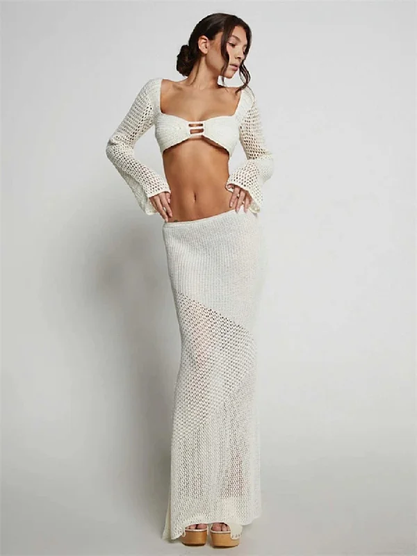 Lunivop Sexy Crochet Two Piece Set Women Beach Outfits Knit Hollow Out Crop Top Bodycon Long Skirt Sets Vacation Dress Set