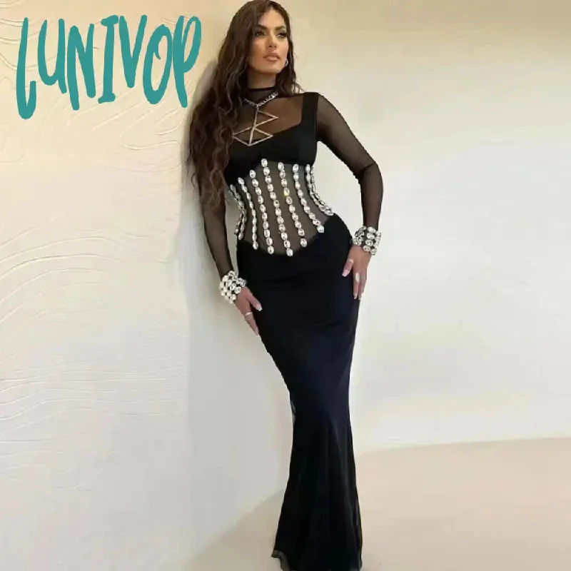 Lunivop Women Sexy Long Sleeve Mesh Beading Black Maxi Long GownsBodycon Bandage Dress Elegant Evening Club Party Dress