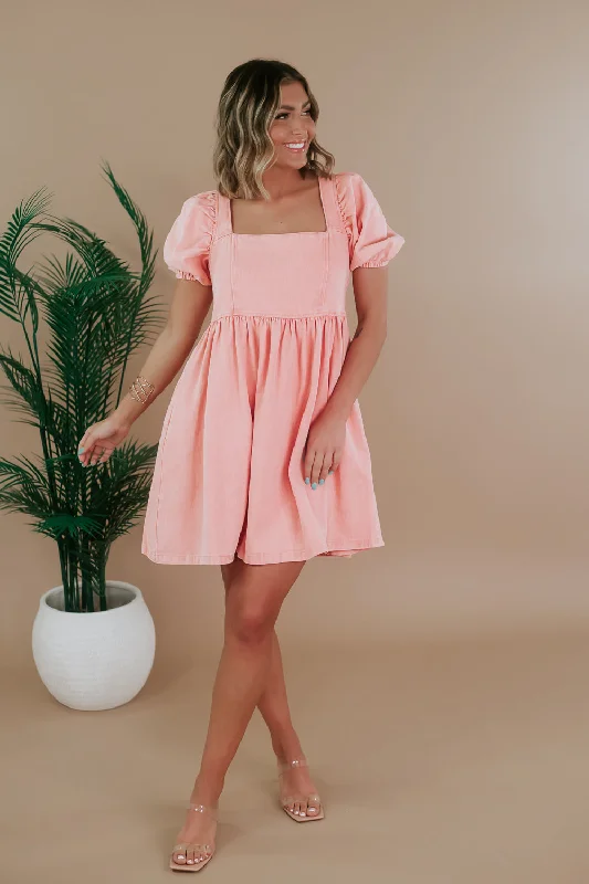 Washed Denim Puff Sleeve Babydoll Dress