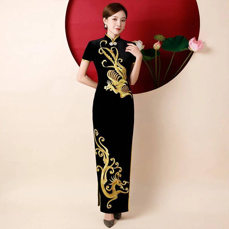 Phoenix & Dragon Embroidery Velvet Cheongsam Chinese Dress Evening Gown