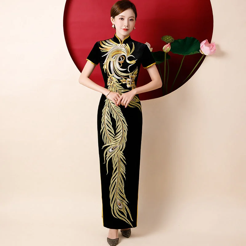 Phoenix Embroidery Velvet Cheongsam Chinese Dress Evening Gown