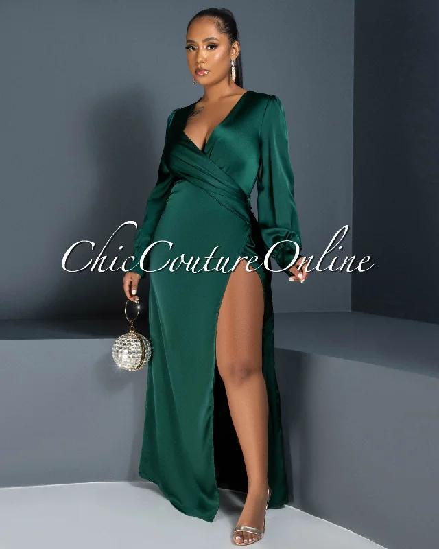 Sandria Hunter Green Draped Leg Slit Silky Maxi Dress