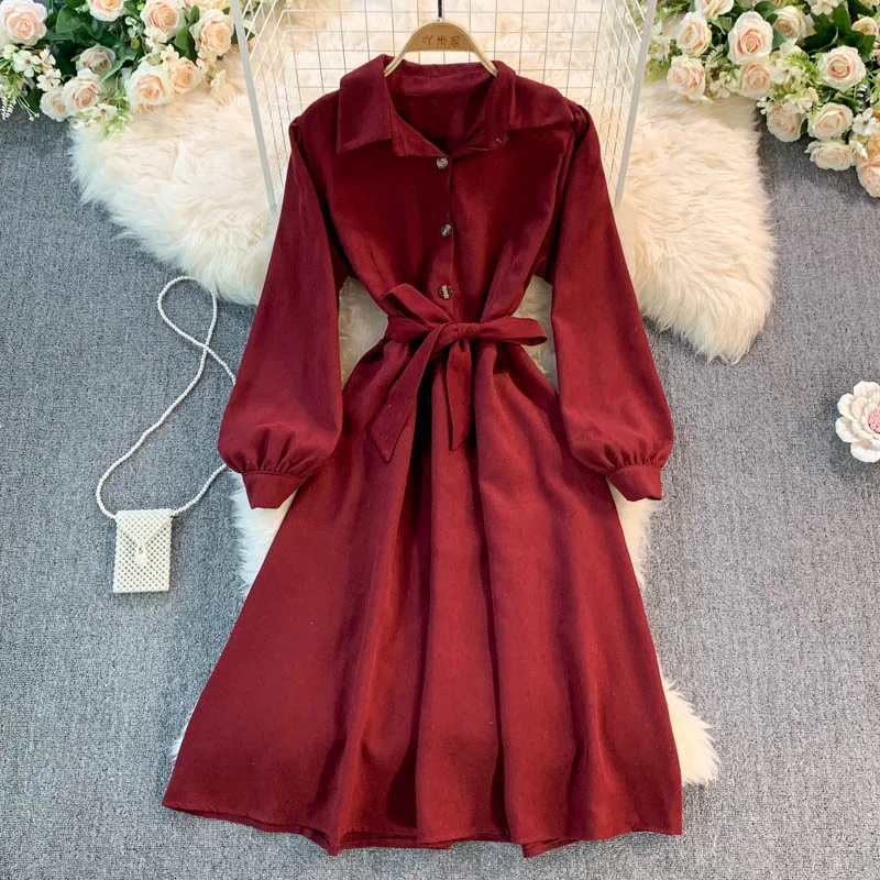 Sweet Long-Sleeved Corduroy Dress A Line Fashion Dress  10956