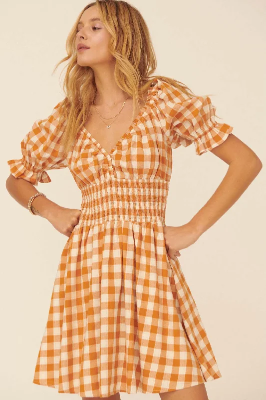 Sweet Sashay Plaid Puff-Sleeve Mini Dress