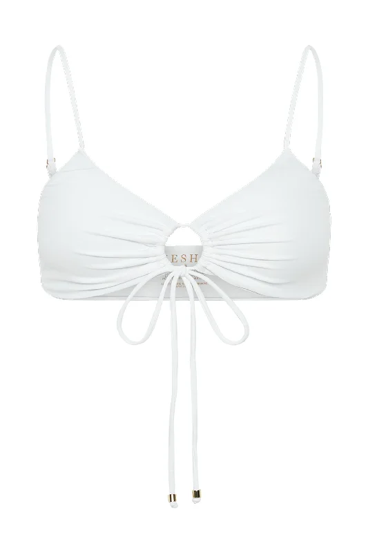 Meadow Recycled Nylon Ruched Tie Front Bikini Top - White