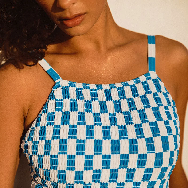 Smocked One-Piece, Blue Checkers