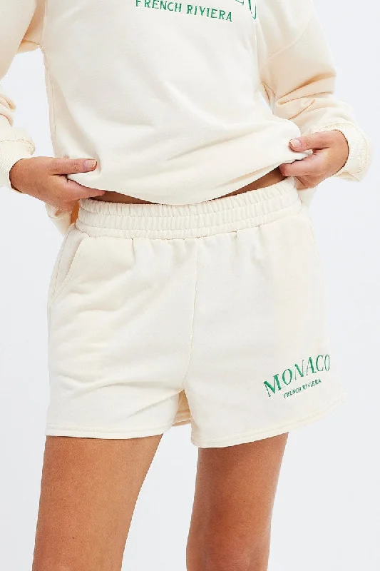 Cream Track Short Monaco Embroidery