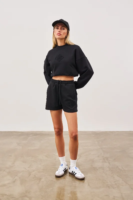 EMBLEM APPLIQUE JERSEY SHORTS - BLACK