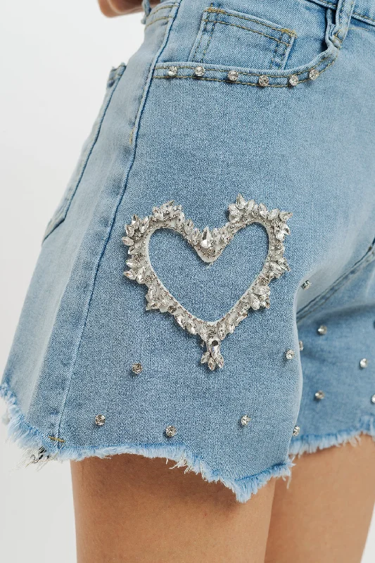 Heart-Embellished Rough-Cut Denim Shorts