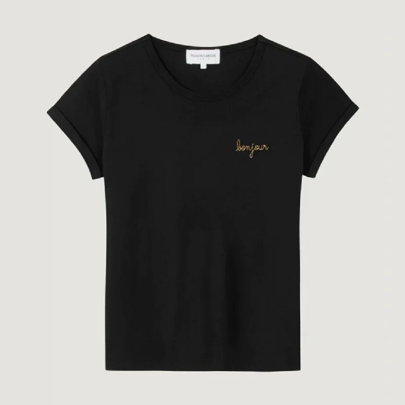 ""Bonjour"" Poitou T-Shirt Script Pointile Coeur Gold 3033 (Black)