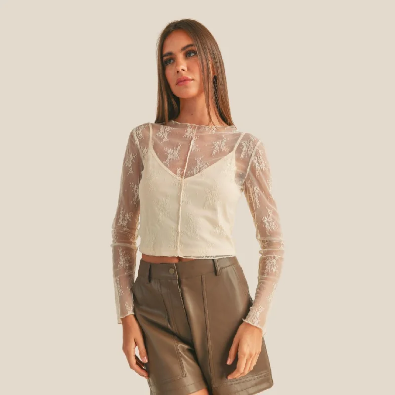 Long Sleeve Lace Fabric Top (Cream)