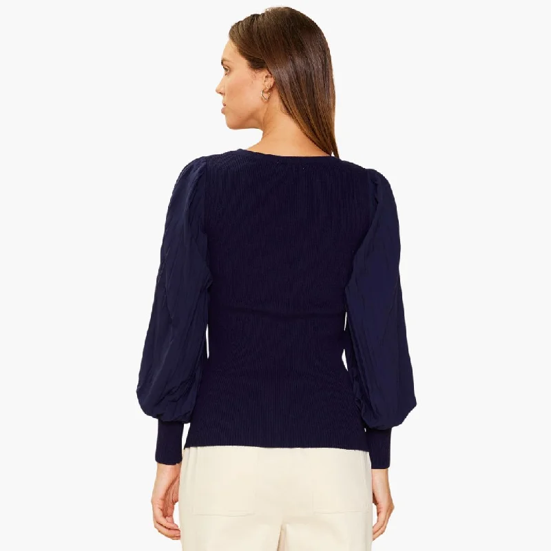 Mixed Media Long Pleated Sleeve Knit Top (Navy)