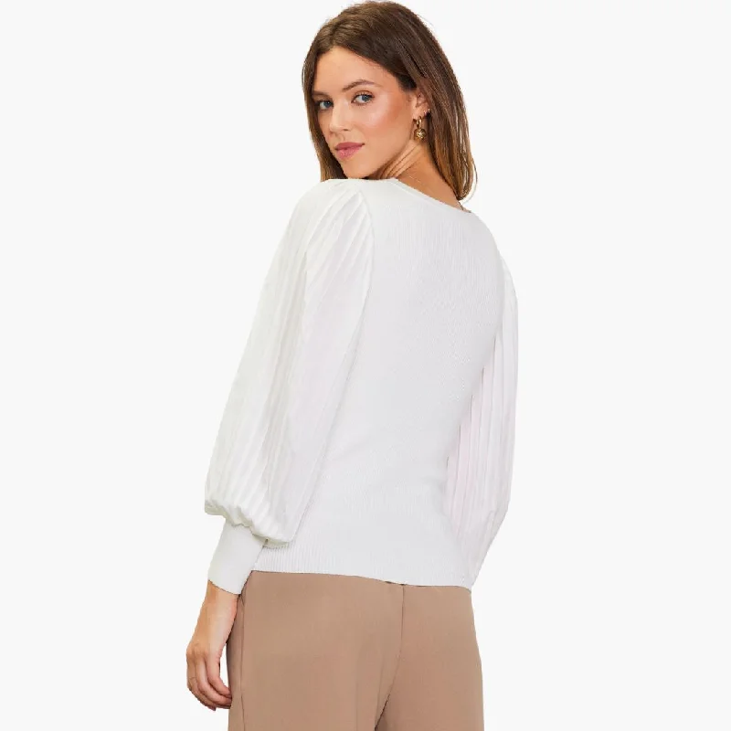 Mixed Media Long Pleated Sleeve Knit Top (Off White)