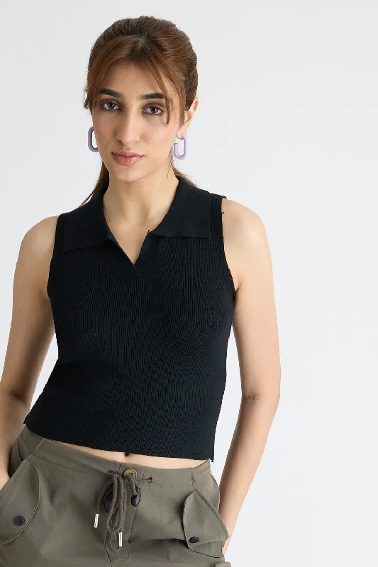 Ribbed Collar Neck Black Top