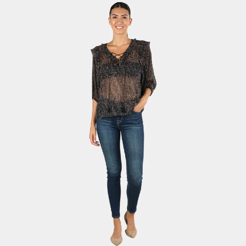 Sheer Animal Print Ruffled 3/4 Sleeve Top (Black + Sand)