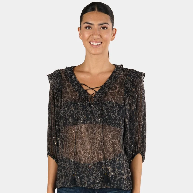 Sheer Animal Print Ruffled 3/4 Sleeve Top (Black + Sand)