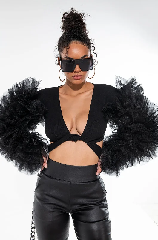 BRING IT OUT PUFF SLEEVE TIE FRONT TOP BLACK