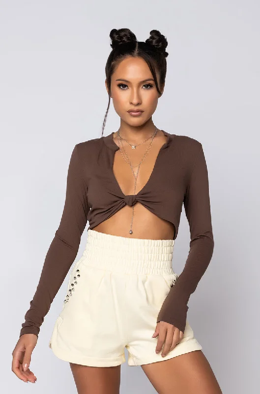 CAN'T TIE ME DOWN LONG SLEEVE FRONT KNOT BLOUSE BROWN