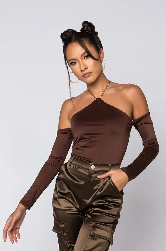 CHOCOLATE HALTER NECK CHAIN DETAIL LONG SLEEVE BODYSUIT