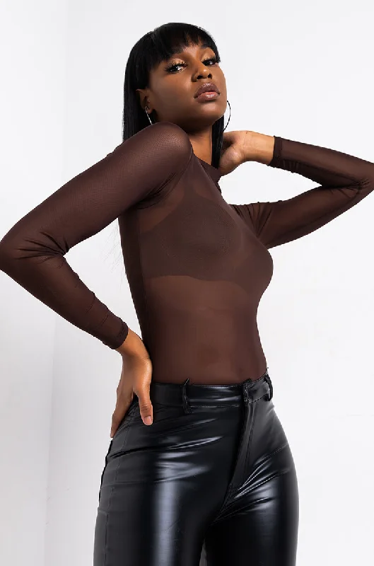 FEELING NEUTRAL LONG SLEEVE MOCK NECK MESH BODYSUIT DARK BROWN