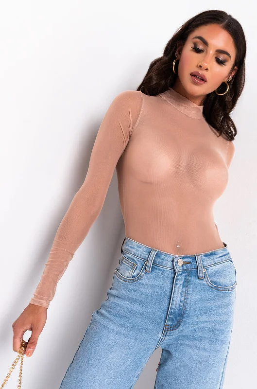 FEELING NEUTRAL LONG SLEEVE MOCK NECK MESH BODYSUIT LIGHT BROWN