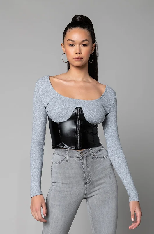 I DID IT AGAIN RIBBED CROPPED LONG SLEEVE TOP BLACK GREY