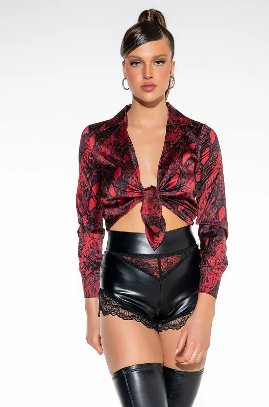 NAYELLI SATIN TIE FRONT BODYSUIT RED MULTI