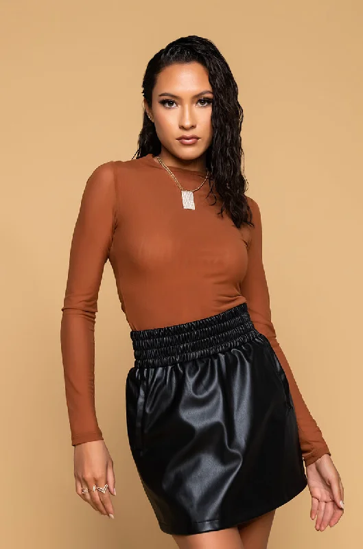 NEW BODY LONG SLEEVE MESH BODYSUIT BROWN