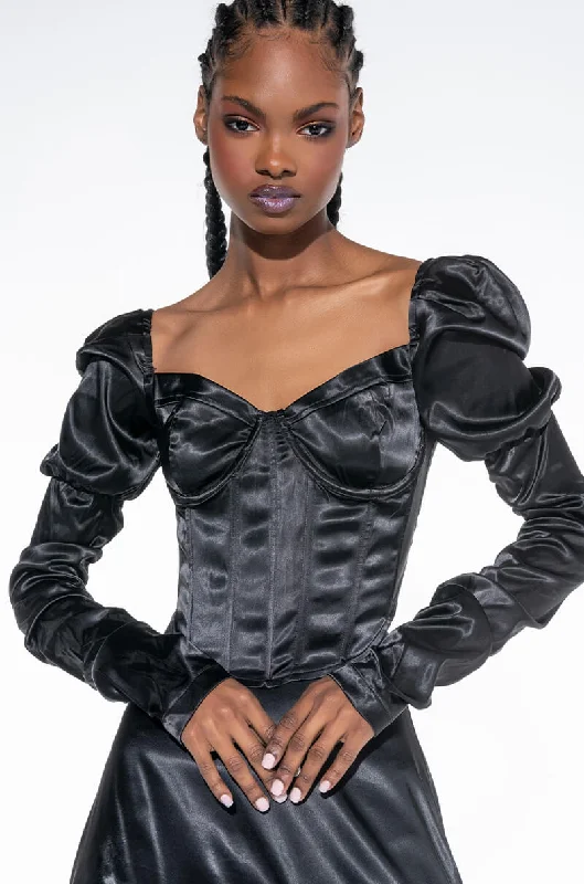 TAKING NAMES RUCHED SLEEVE CORSET BLOUSE BLACK