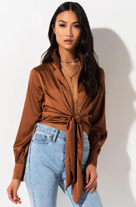 WRAP ME TIE FRONT BLOUSE BROWN