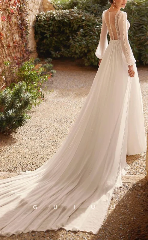 GW556 - Chic & Modern A-Line V-Neck Long Tulle Sleeves Lace Illusion Button Floor-Length Wedding Dress With Sweep Train