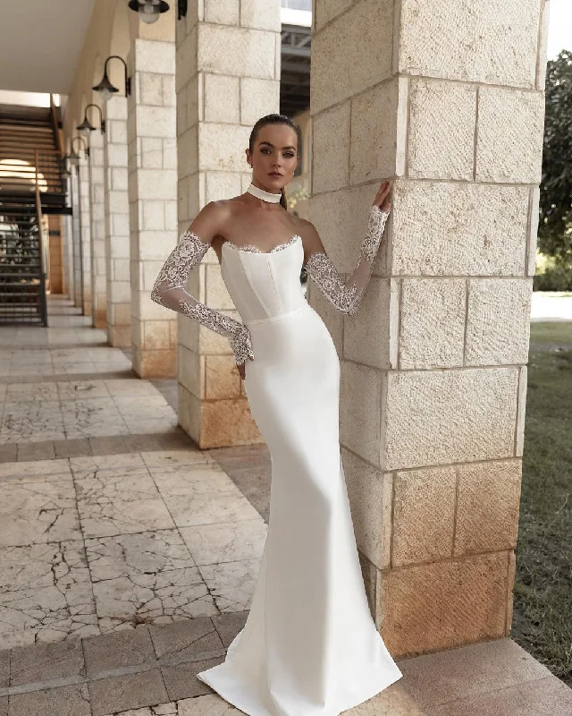 GW923 - Boat Neck Long Lace Sleeves Back Zipper Mermaid Stain Wedding Dress