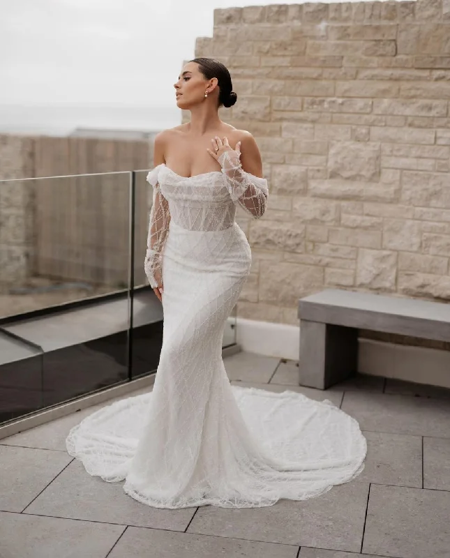 GW932 - Off Shoulder Pleayed Fully Beaded Mermaid Wedding Dress with Court Train