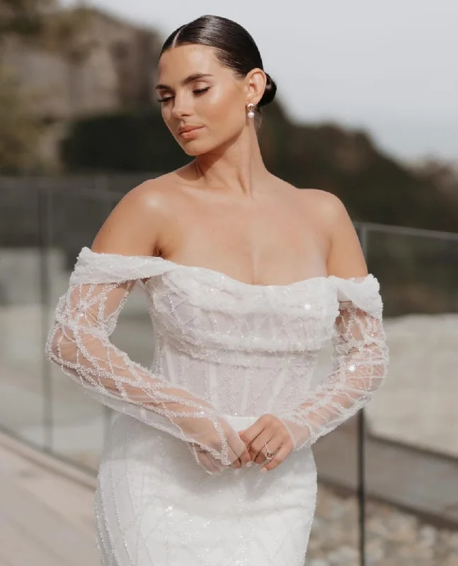 GW932 - Off Shoulder Pleayed Fully Beaded Mermaid Wedding Dress with Court Train