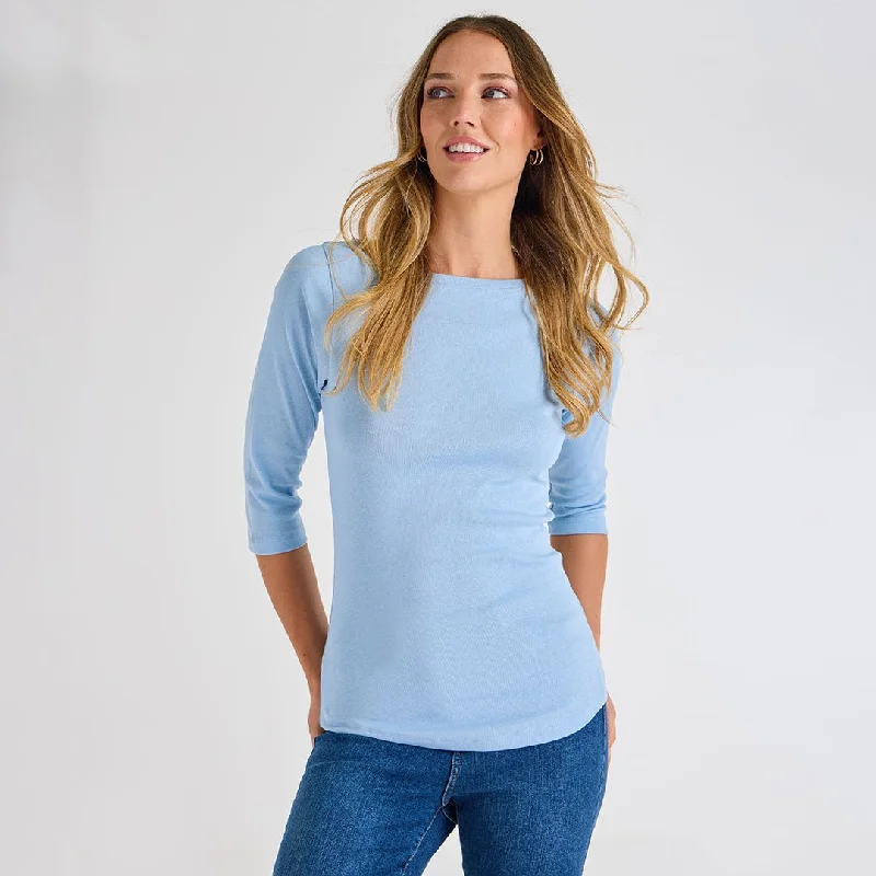 Ladies Chambray Blue 3/4 Sleeve Slash Neck Top