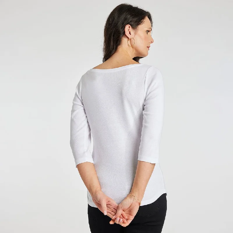 Ladies White 3/4 Sleeve Slash Neck Top