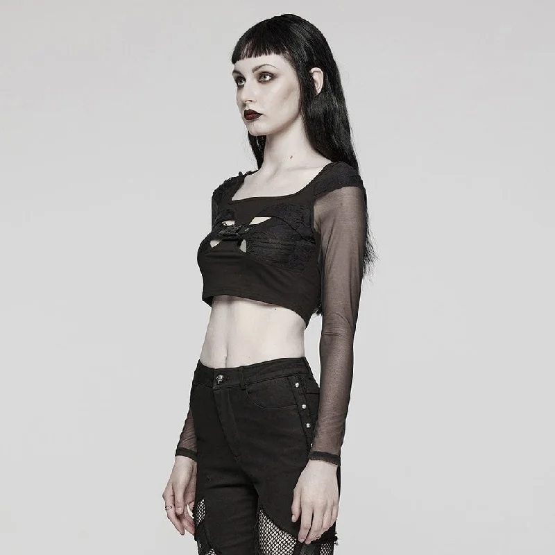 Women's Gothic Cutout Mesh Buckle Long Sleeved Crop Top