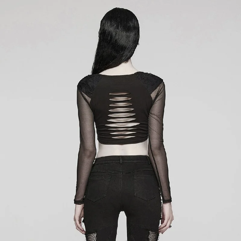 Women's Gothic Cutout Mesh Buckle Long Sleeved Crop Top