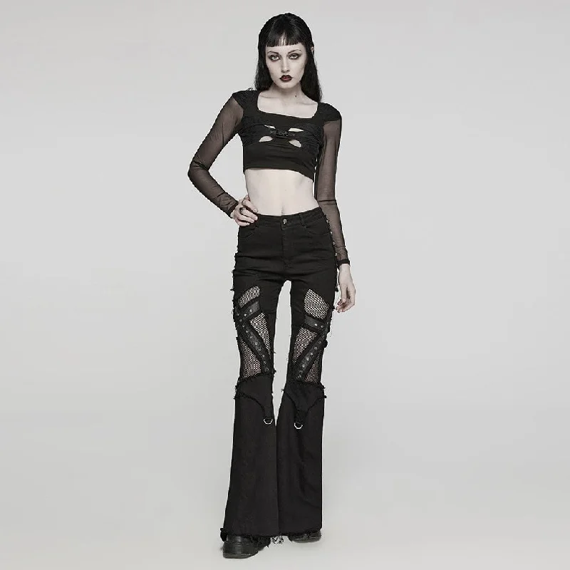 Women's Gothic Cutout Mesh Buckle Long Sleeved Crop Top