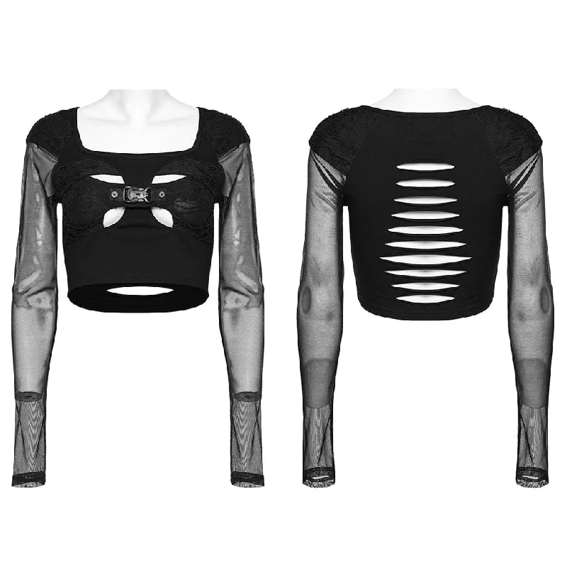 Women's Gothic Cutout Mesh Buckle Long Sleeved Crop Top